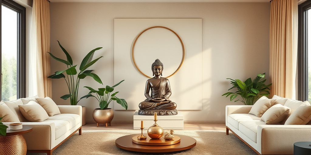 Buddha Deko im Wohnzimmer - - Harmonische Farben einsetzen