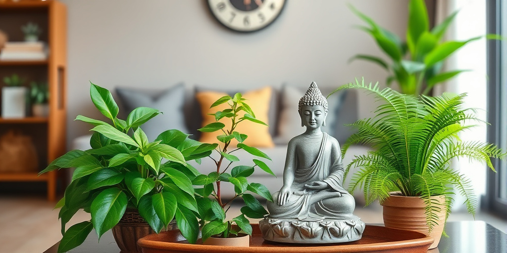 Buddha Deko im Wohnzimmer - - Mit Pflanzen für Frische sorgen
