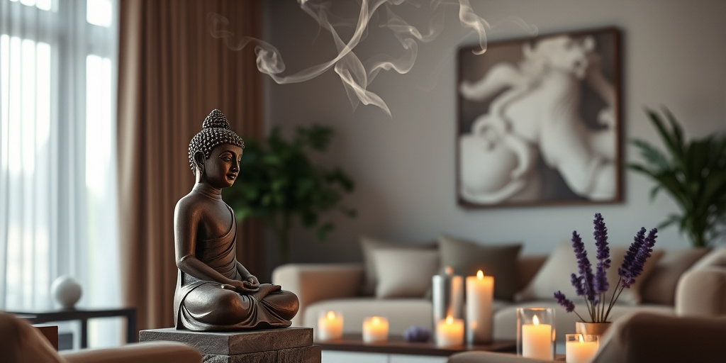 Buddha Deko im Wohnzimmer - - Räucherwerk und Düfte einbeziehen