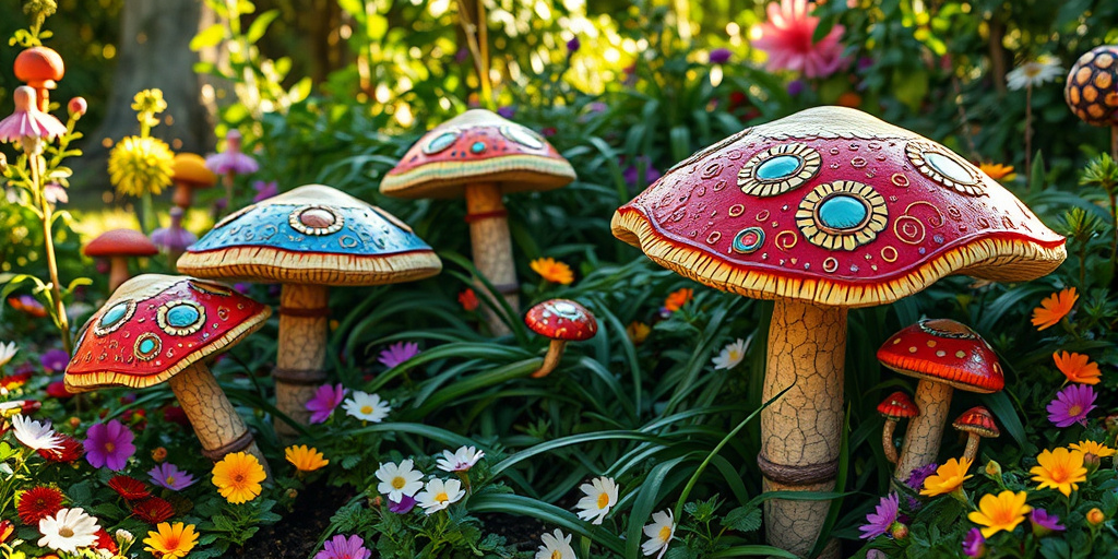 Große, bunte Garten-Deko-Pilze