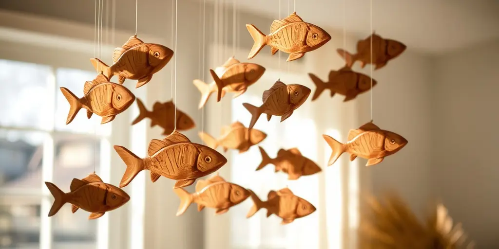 Holzdeko für Fische - Kreative Mobile: Schwarm aus Holzfischen