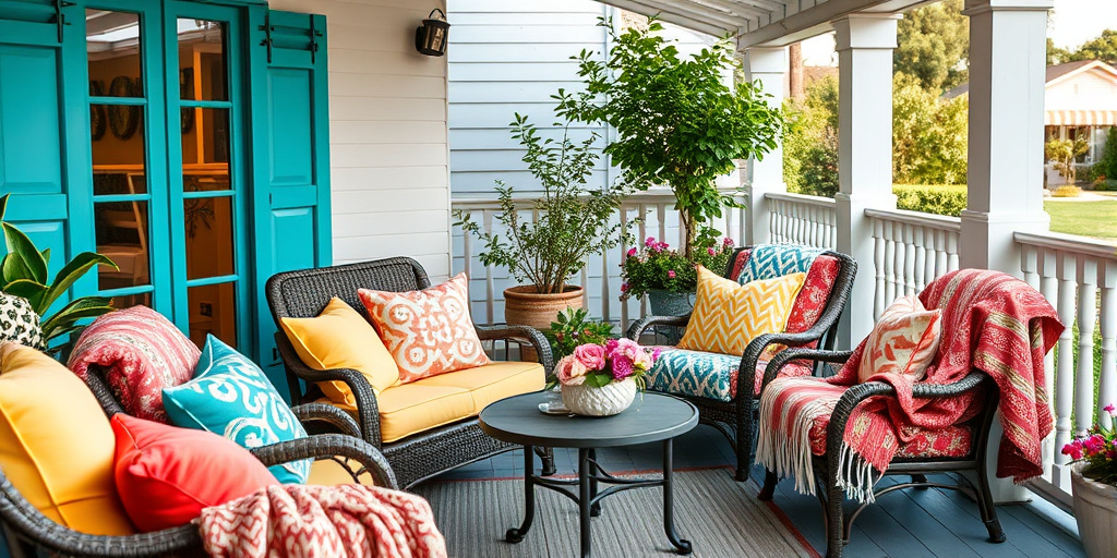 Terrassendeko im Sommer - - Farbenfrohe Kissen und Decken