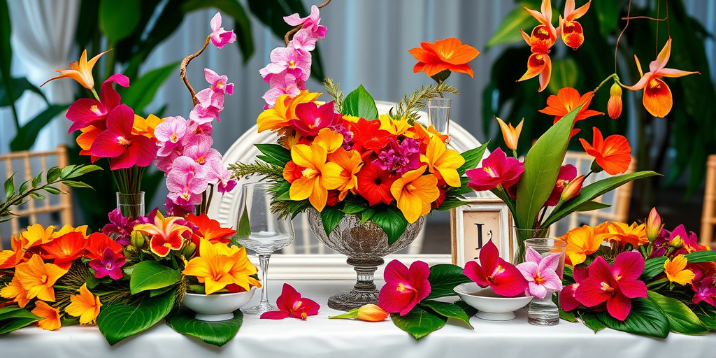 Tischdeko Hochzeit Blumenideen - - Tropische Blüten für exotisches Flair