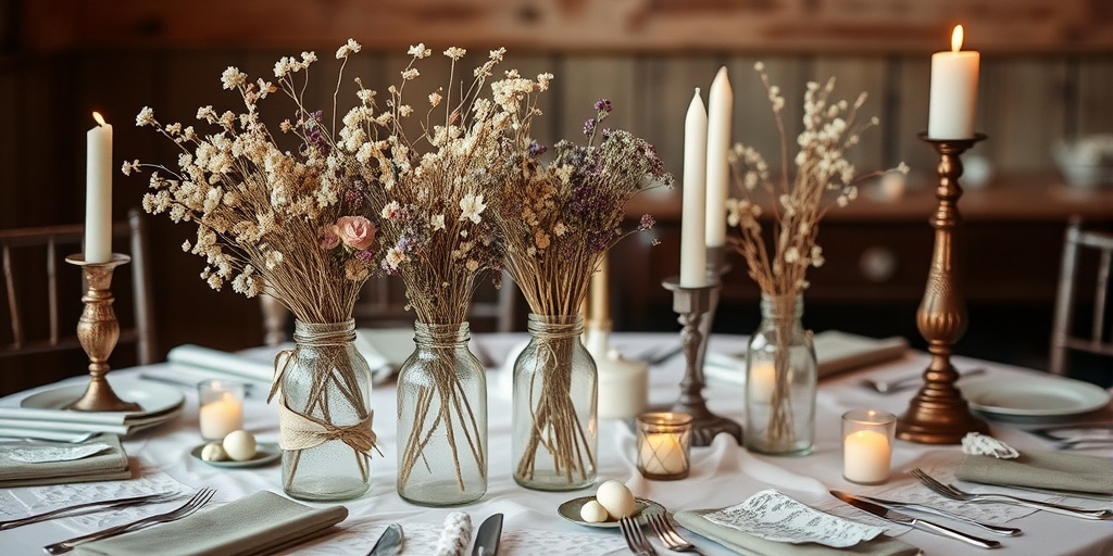 Tischdeko Hochzeit Blumenideen - - Vintage-Romantik mit Trockenblumen