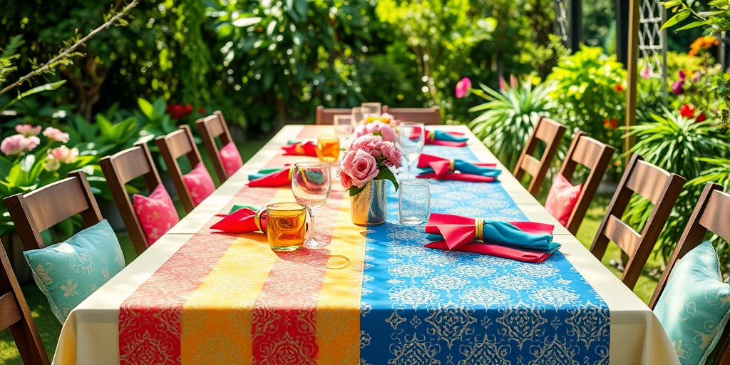 Tischdeko für Gartenparty - Bunte Tischläufer und Servietten für farbenfrohe Akzente