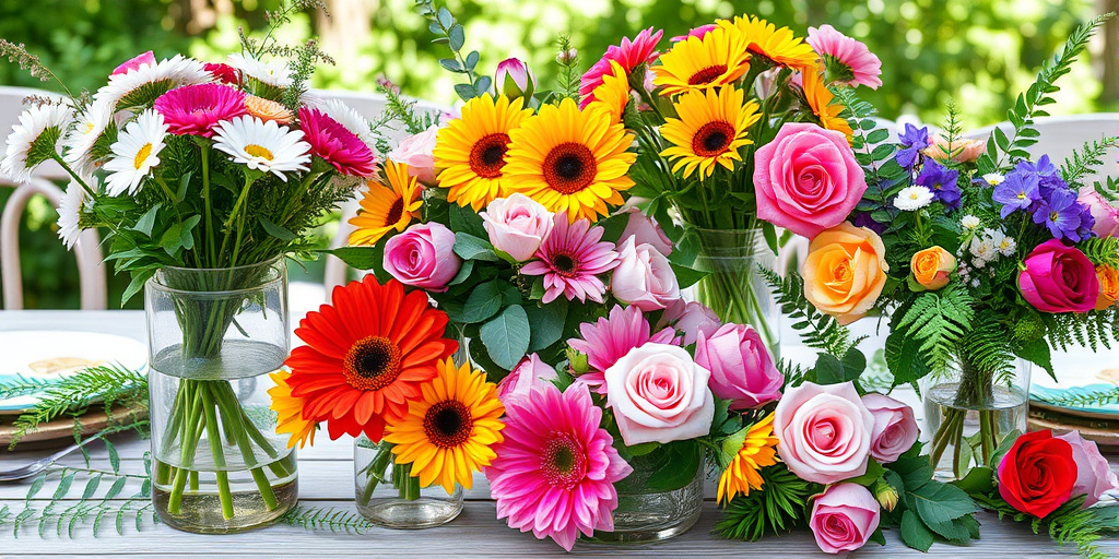 Tischdeko für Gartenparty - Natürliche Elemente: Blumen und Grünzeug für Frische