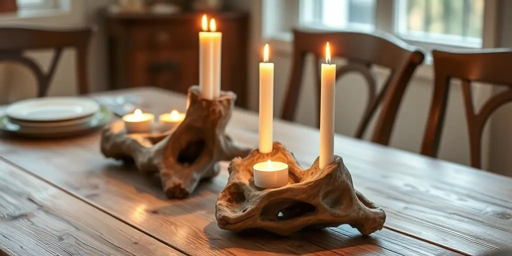 Tischdeko im Frühling mit Naturmaterialien - Kerzenständer aus Treibholz für stimmungsvolle Beleuchtung