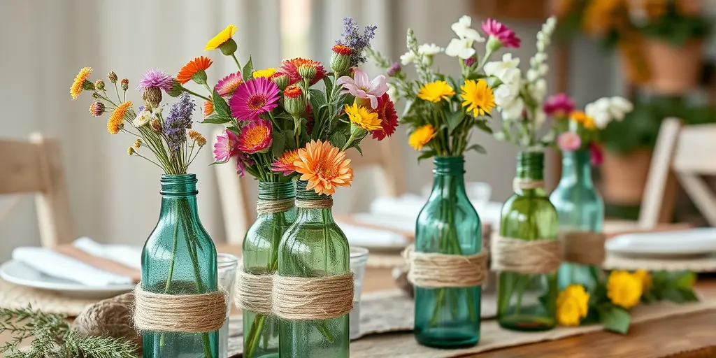 Tischdeko im Frühling mit Naturmaterialien - Kreative Vasen aus recycelten Glasflaschen