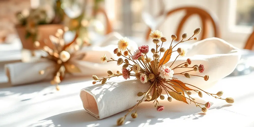 Tischdeko im Frühling mit Naturmaterialien - Serviettenringe aus getrockneten Blüten und Blättern