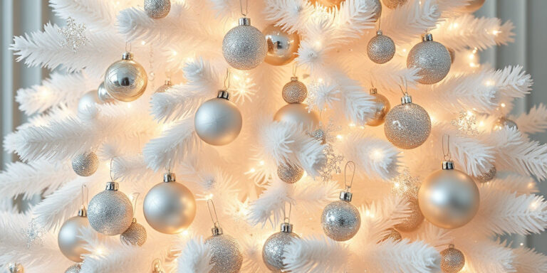 Weiße Weihnachtsbaum-Dekorationen zaubern Magie.