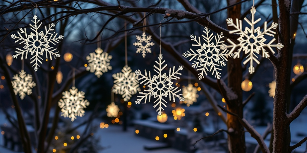 Weihnachtsdeko für draußen DIY-Ideen - Leuchtende Schneeflocken aus Holzstäbchen