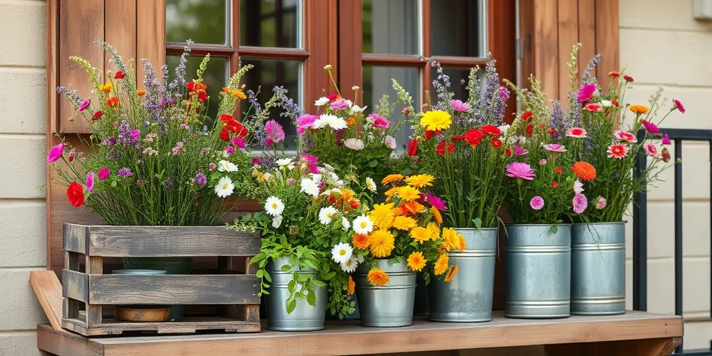 Rustikaler Balkon mit Kunstblumen